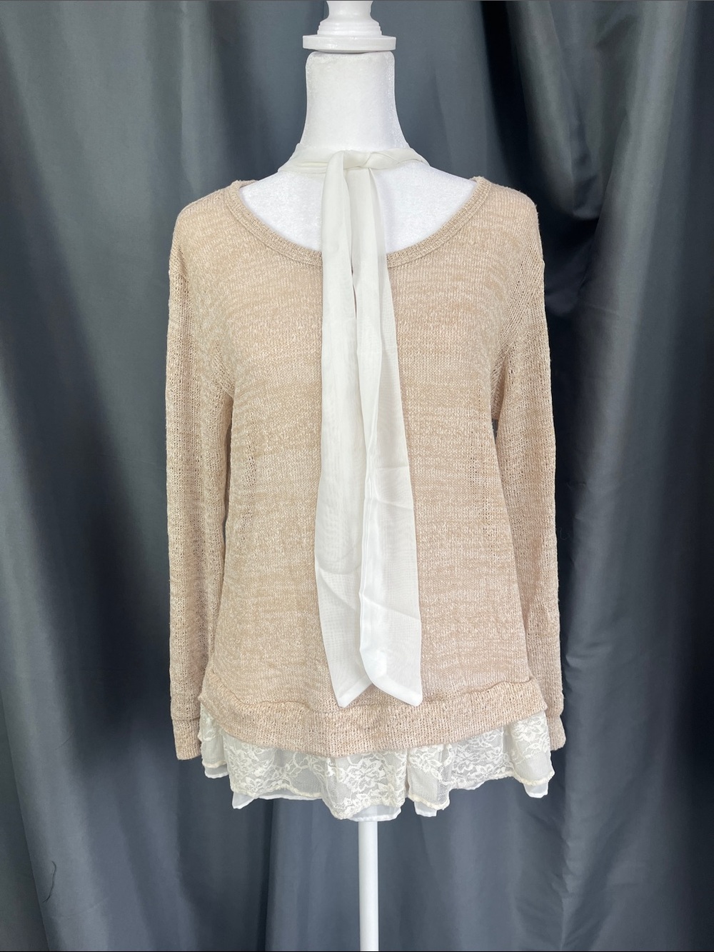 Beige Knit Layered Lace-Hem Women's Sweater